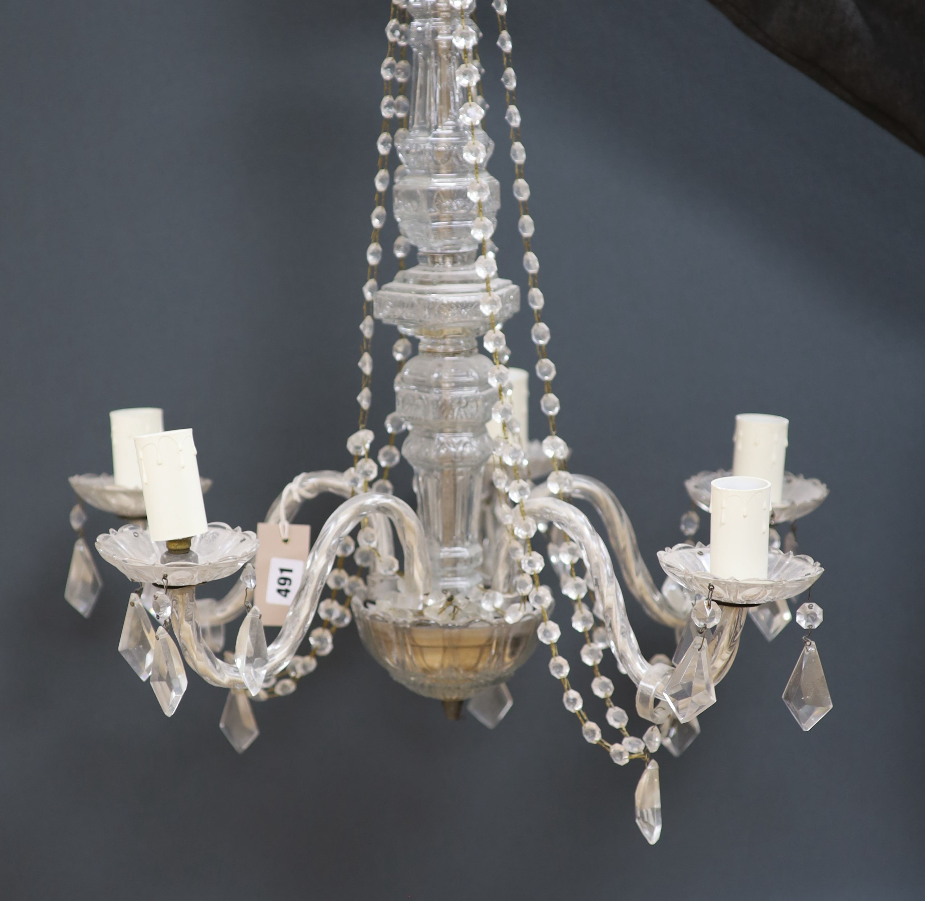 A five light glass chandelier, 62cm high